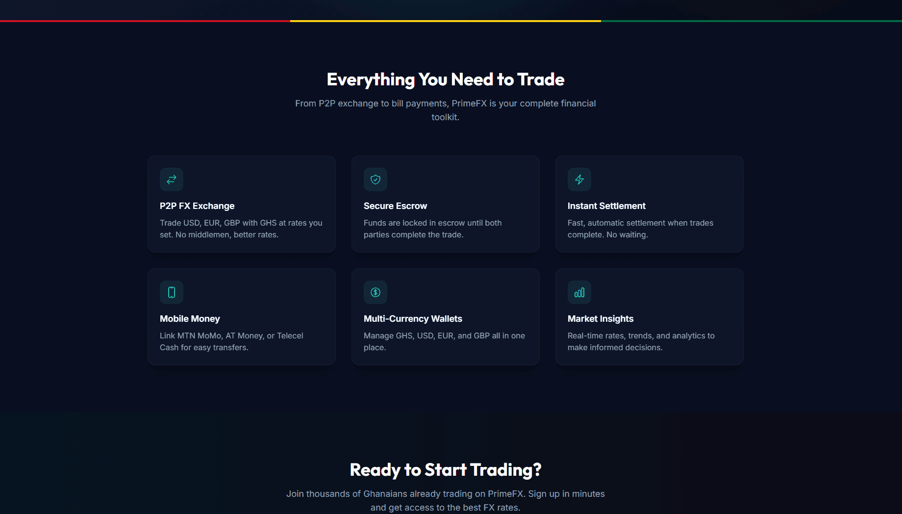 PrimeFX product capabilities including P2P exchange, escrow and wallets