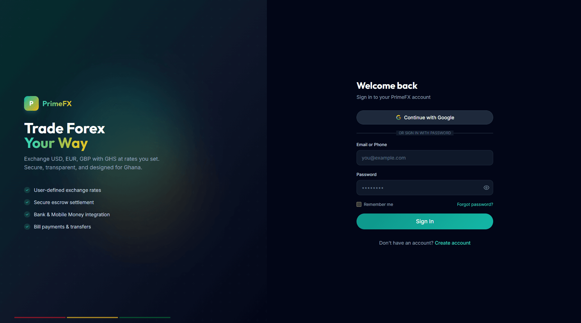 PrimeFX sign-in screen with Google and password options
