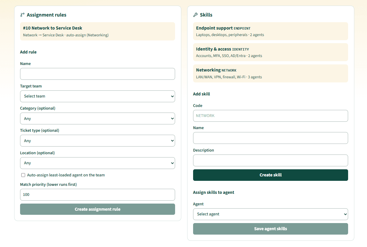 LogIt assignment rules and agent skills for automatic routing
