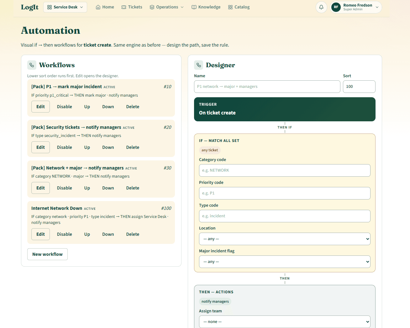 LogIt automation designer for if-then ticket workflows