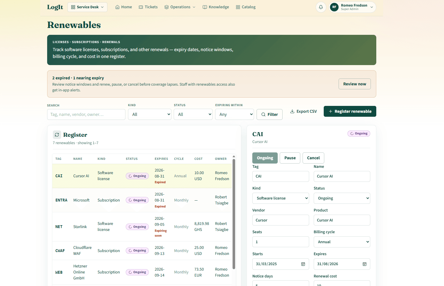 LogIt renewables register for licenses, subscriptions and expiry tracking