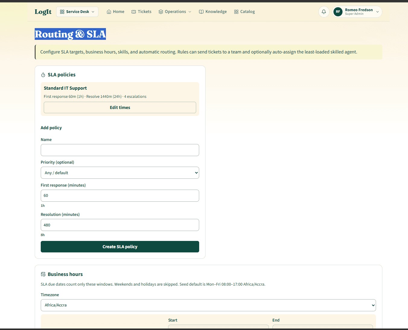 LogIt routing and SLA policies with first-response and resolution targets