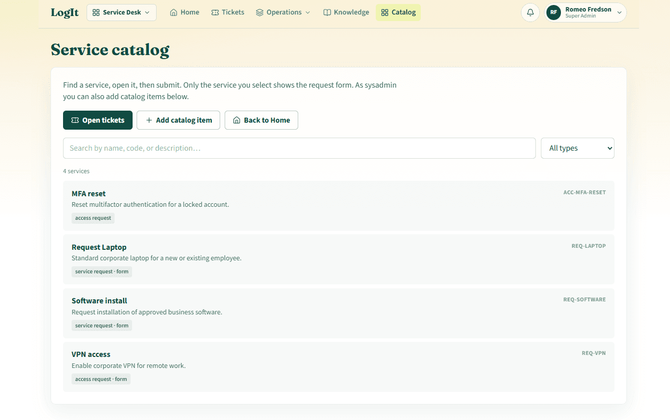 LogIt service catalog with MFA reset, laptop, software and VPN requests