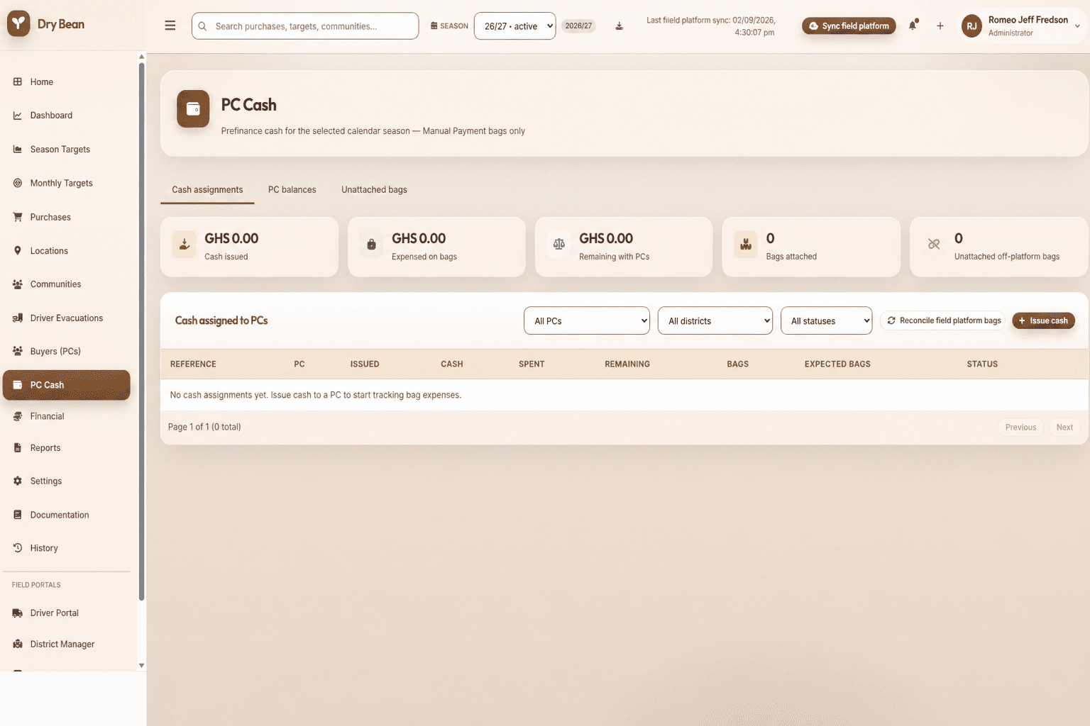 PC Cash assignments for prefinance tracking in the Dry Bean workspace