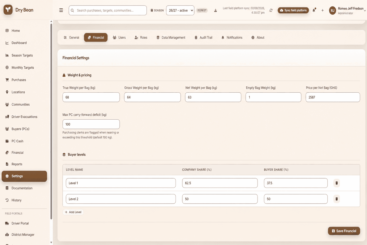 Dry Bean financial settings for bag weights, pricing and buyer levels