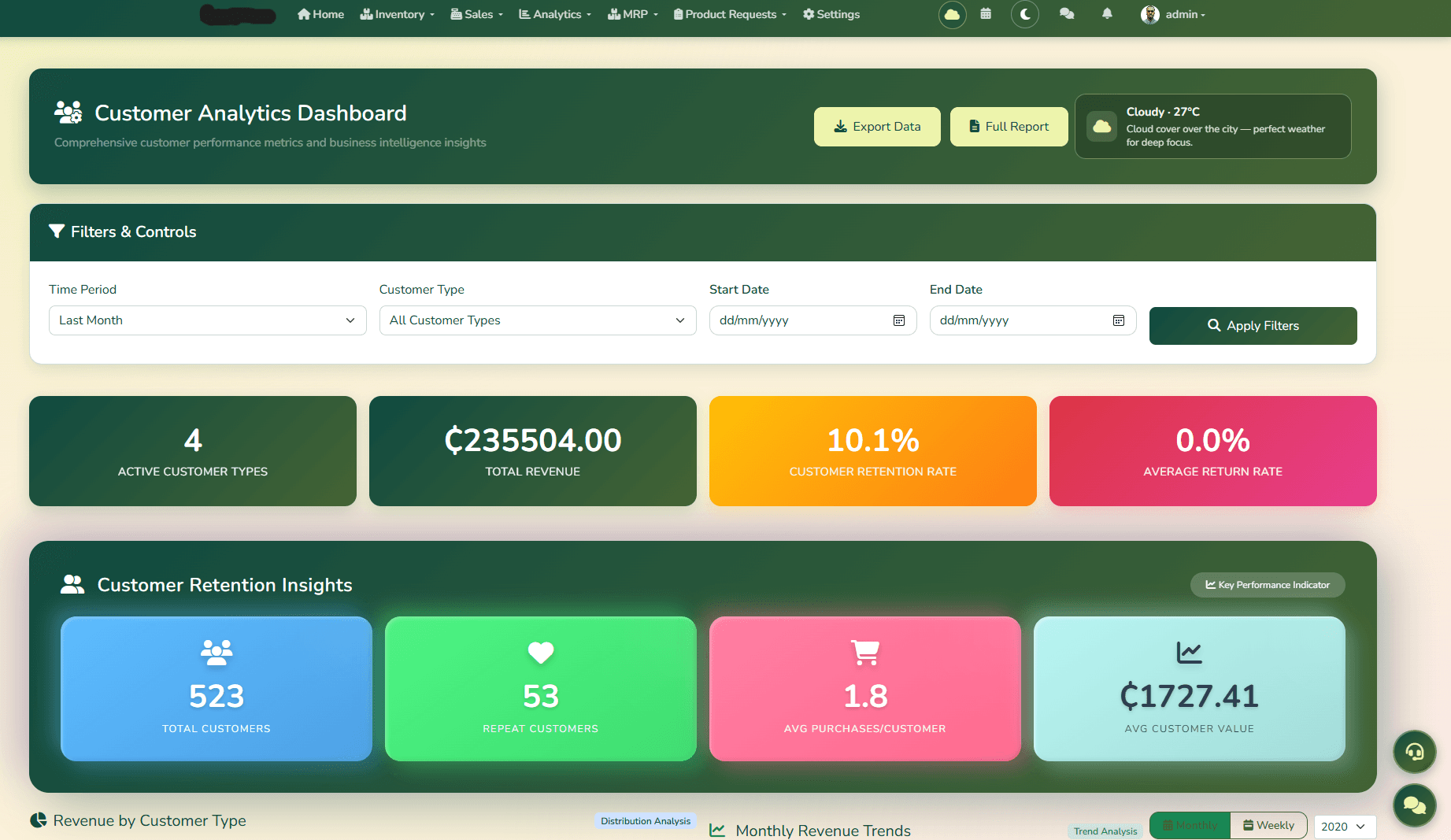 TradeFlow customer analytics with retention, value and revenue views