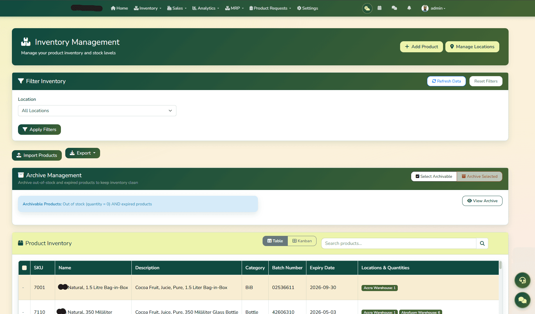TradeFlow inventory management with products, batches and locations
