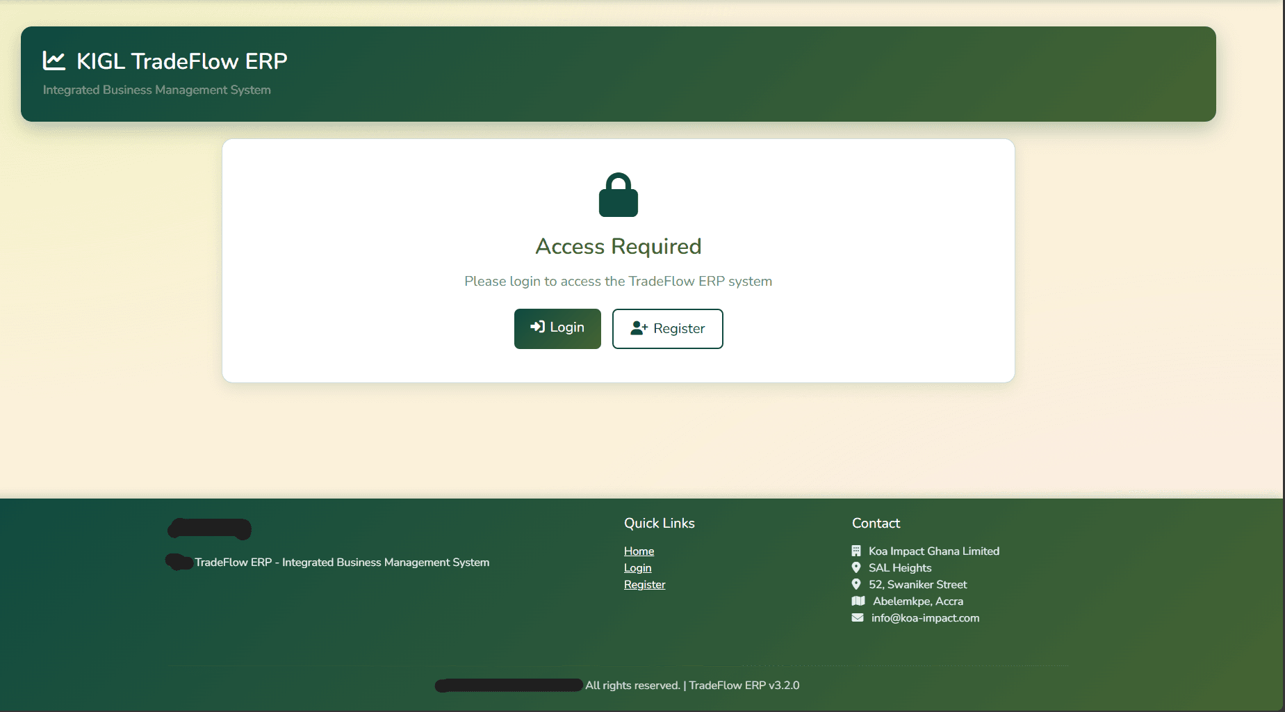 TradeFlow access screen for the integrated business management system