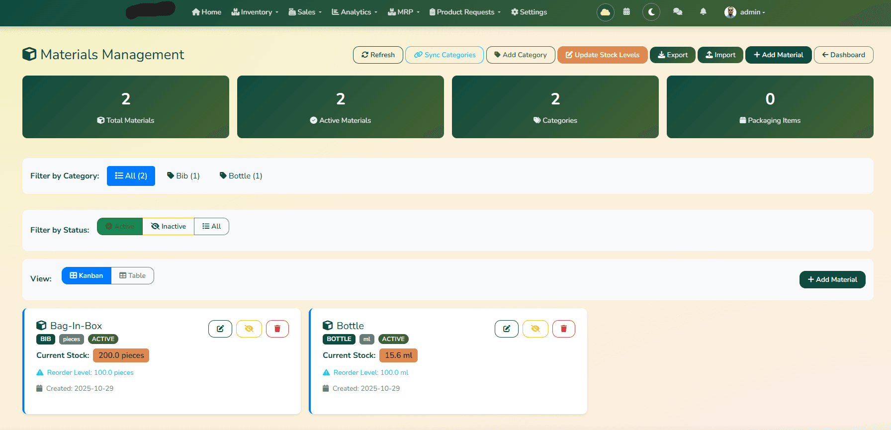 TradeFlow materials management with stock levels and reorder points
