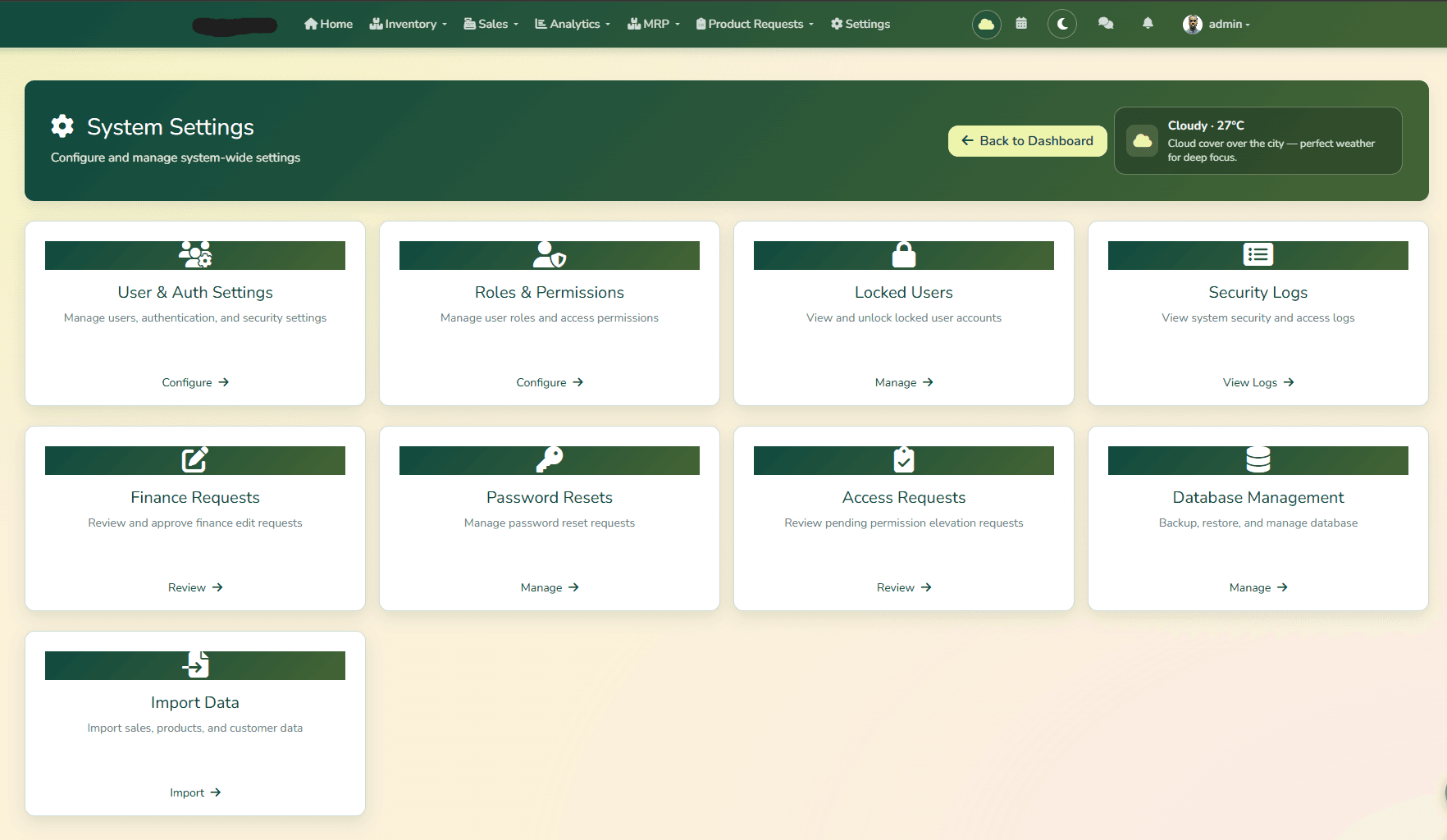 TradeFlow system settings for users, roles, security and data import