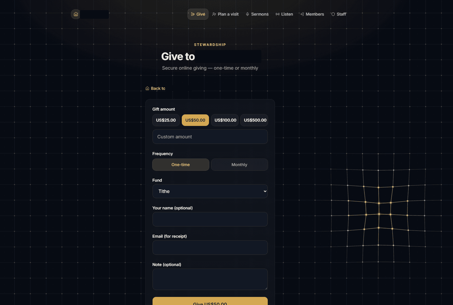 Online giving form with amount, frequency and fund selection