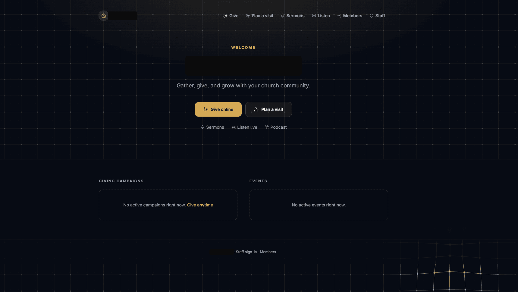 Public church site with giving, visits, sermons, live audio and podcasts