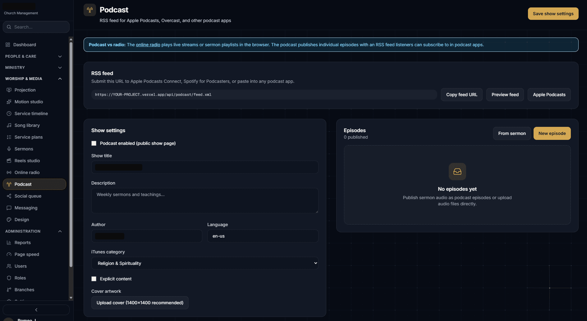 Podcast show settings with RSS feed and episode publishing