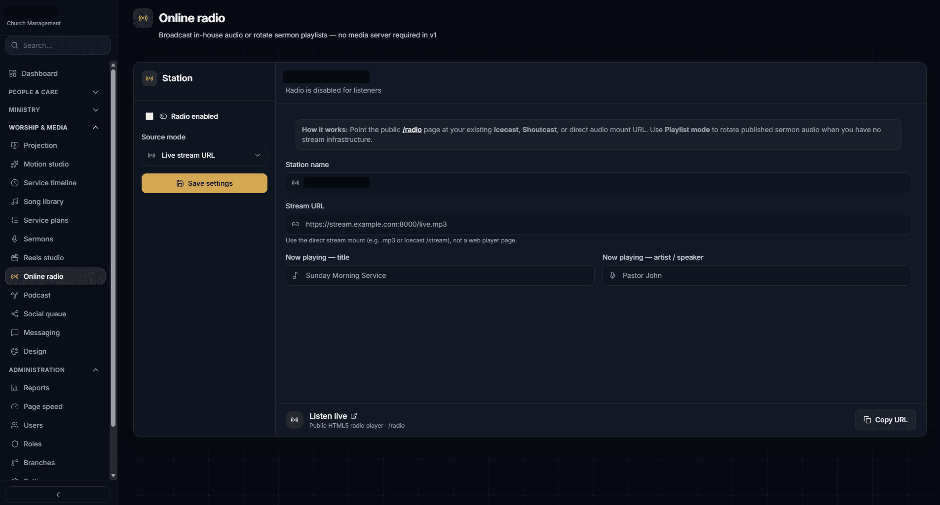 Online radio settings for live stream or sermon playlist broadcast