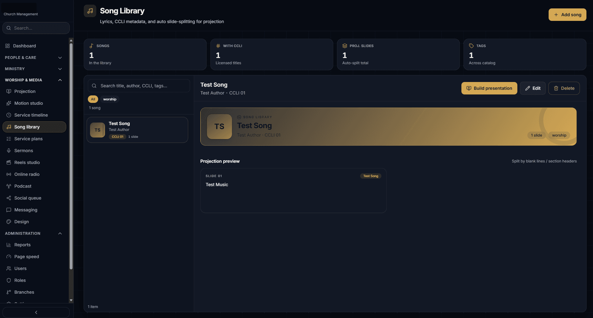 Song library with lyrics, licensing metadata and projection preview
