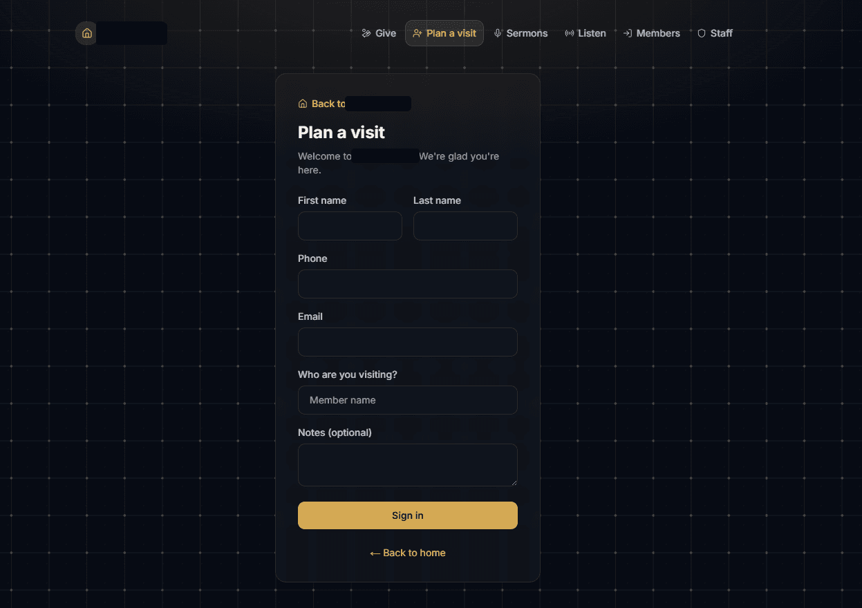 Plan a visit form for first-time guests